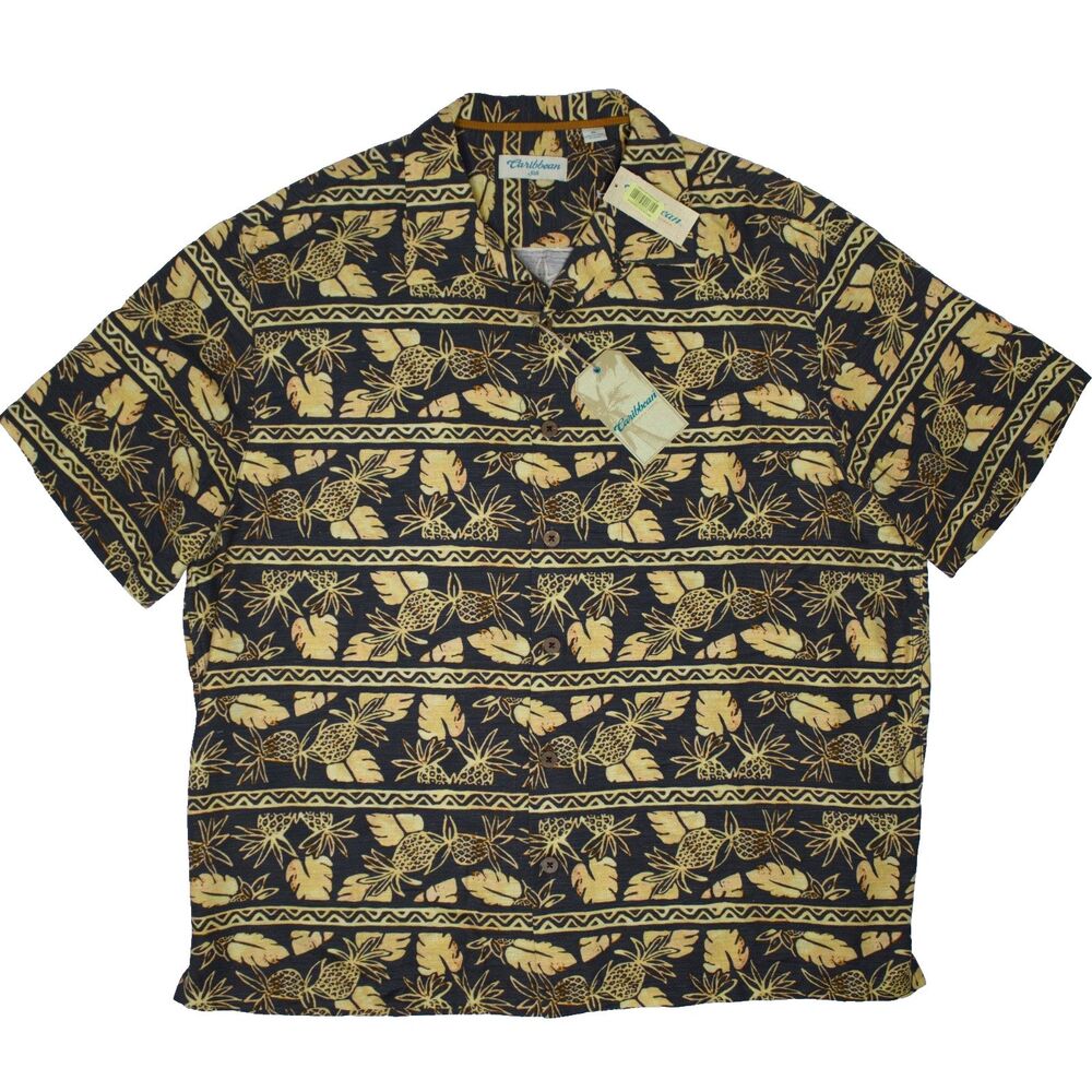 NWT Caribbean Roundtree & Yorke Black Gold Pineapple 100% Silk Shirt Men Size XL